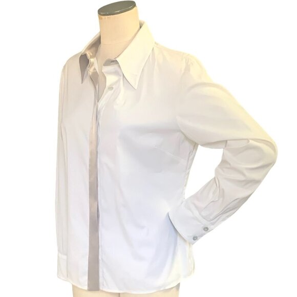 ST. JOHN Cotton Blend Satin Trim Button Down Top Sz 10 #139C - Picture 4 of 14